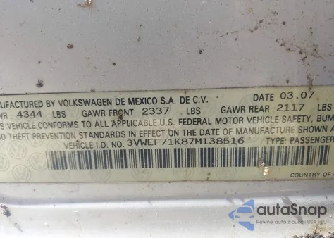 2007 Volkswagen Jetta Wolfsburg Edition из США, поврежденный, VIN 3VWEF71K87M138516